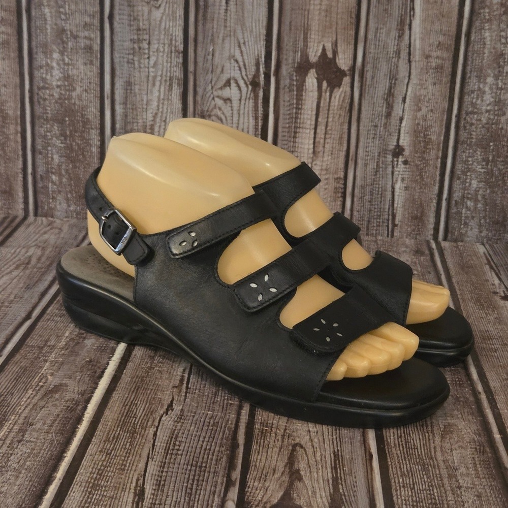 Sz 7.5 W Womens SAS Quatro Black Leather Strappy Wedge Comfort Sandals VGUC! - Picture 3 of 7